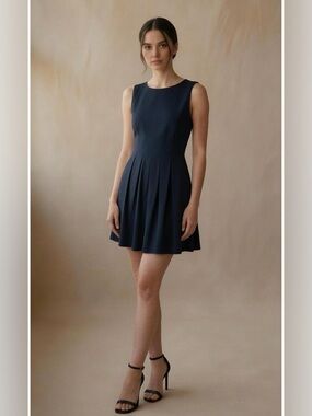 Monteau Sleeveless Navy Blue Pleated Mini Dress Size L